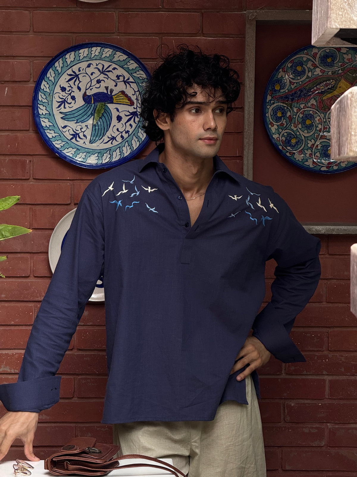 Embroidered Irish Cotton Kurti – Navy Blue Bird Embroidery
