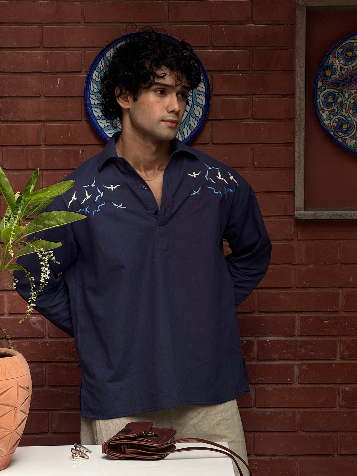 Embroidered Irish Cotton Kurti – Navy Blue Bird Embroidery