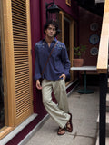 Navy Blue Embroidered Irish Cotton Kurti with Beige Pleated Bootcut Trousers