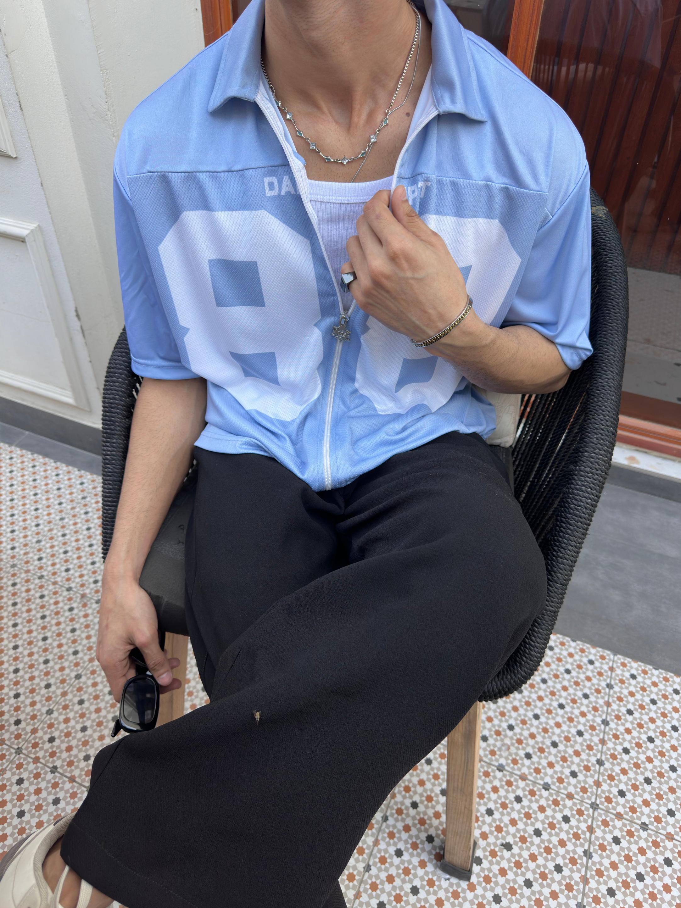 "88" Boxy Fit Zipper Shirt – Sky Blue