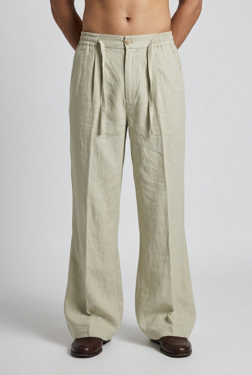 Linen-Cotton Pleated Bootcut Trousers